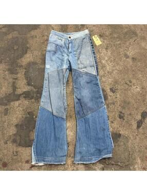 Vintage 70s Multi-Tonal Patchwork Flare Thrashed Denim Jeans XS